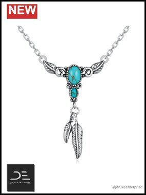 Sterling Silver Turquoise Feather Pendant Necklace Boho Western Jewelry